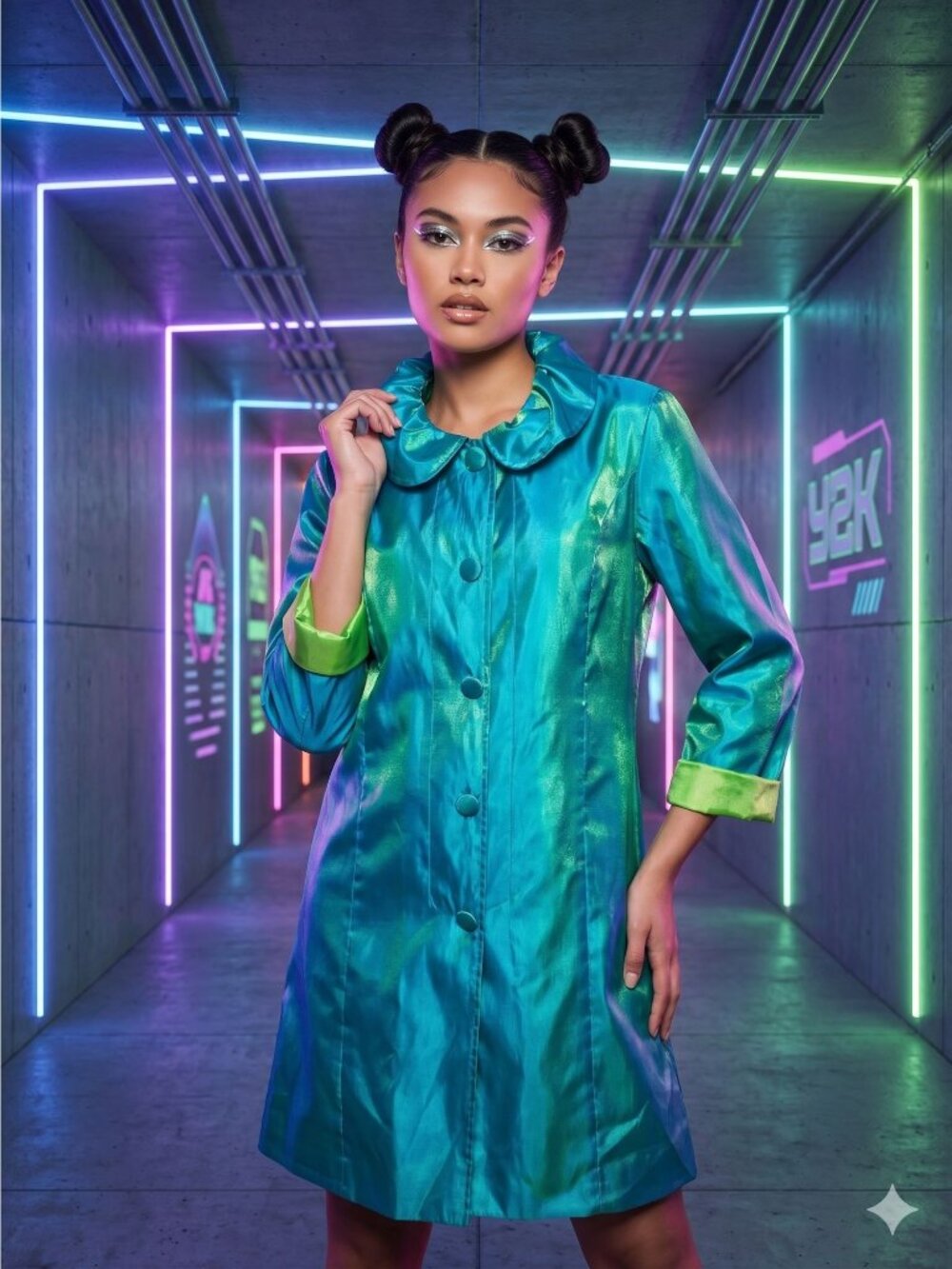 Vintage Y2K UBU Iridescent Raincoat Teal Lime Green Cyber Lagenlook Artsy Coat L